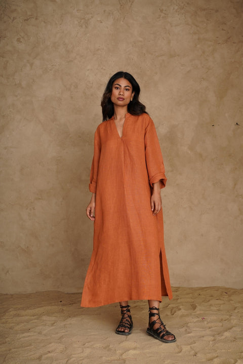 Linen Midi V-neck Dress, Long Sleeve with Side Slit