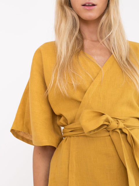 Linen Short Sleeve Wrap Midi Dress