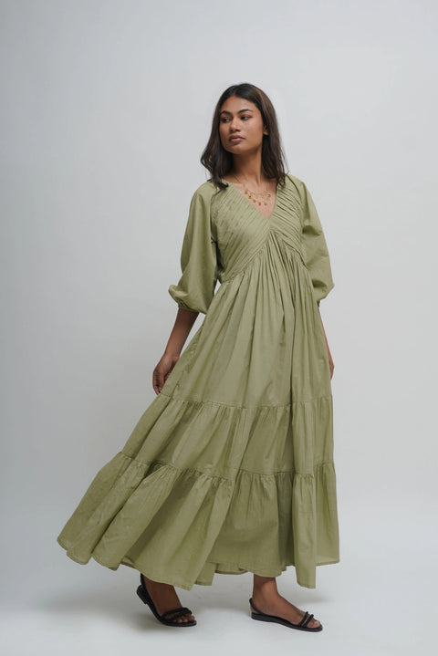 Organic Cotton Pleated Maxi Dress with Pockets