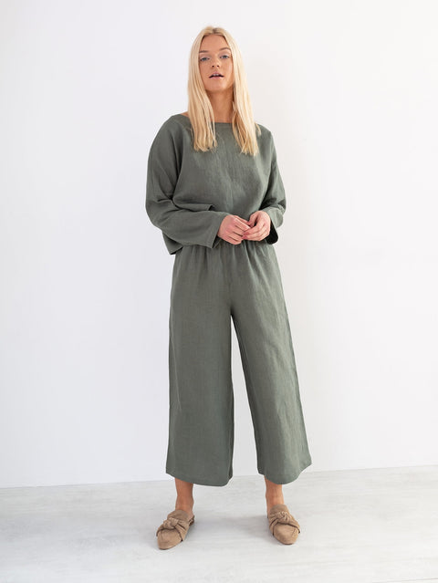 Linen Long Sleeve Loose Cropped Top