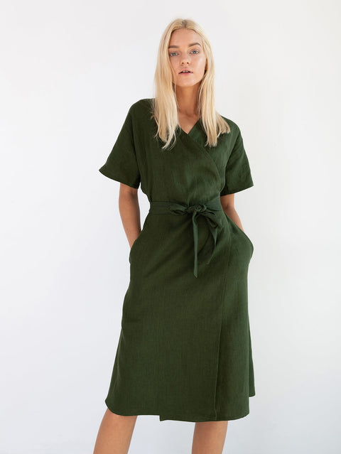 Linen Short Sleeve Wrap Dress