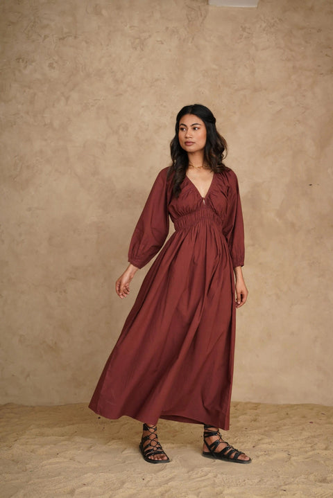 Organic Deep V-Neck Midi Dress with Pockets, Long Sleeve