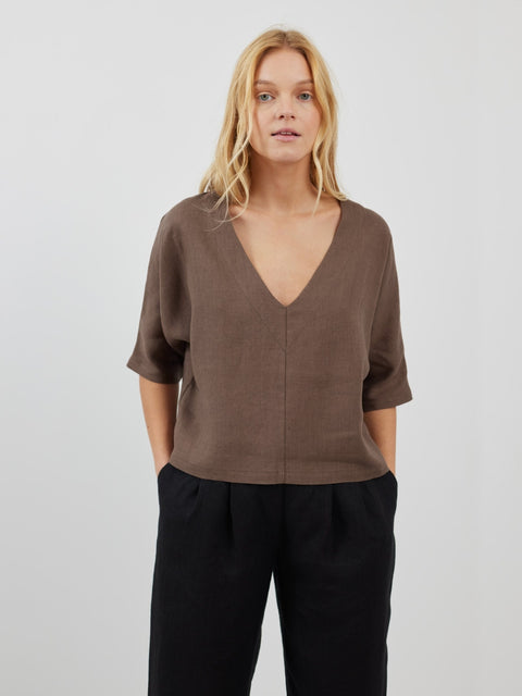 Linen Loose Fit V-Neck Top