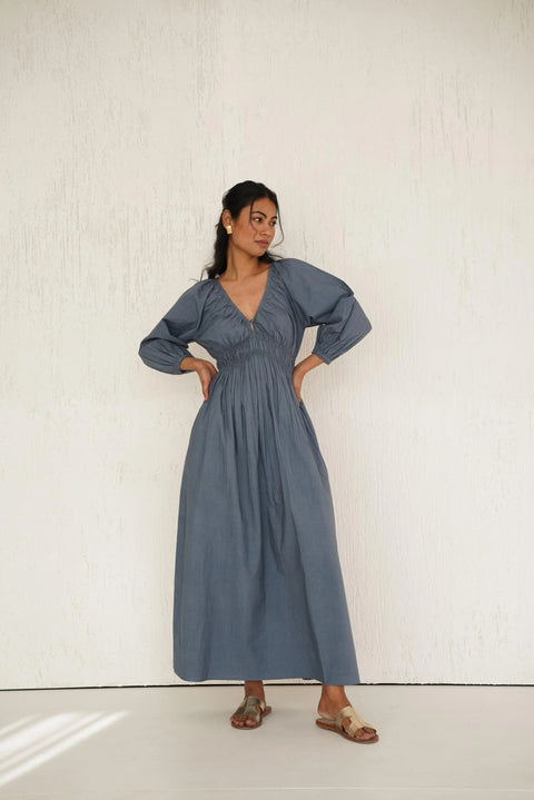 Organic Deep V-Neck Midi Dress with Pockets, Long Sleeve