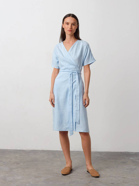 Linen Short Sleeve Wrap Dress