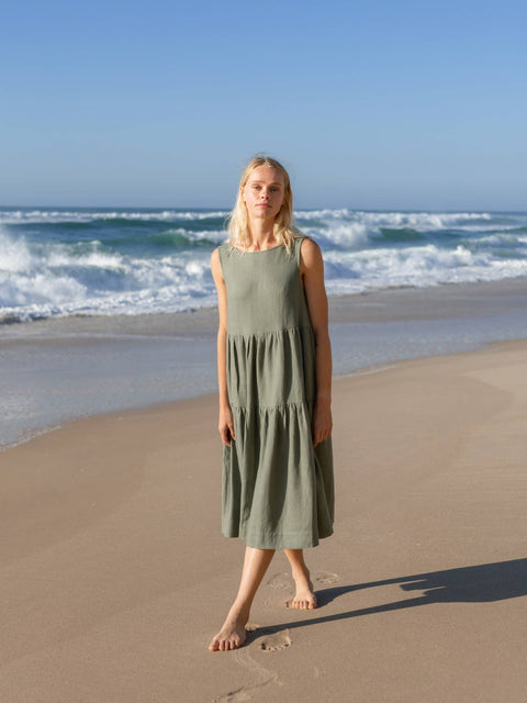 Linen Sleeveless Tiered Midi Dress