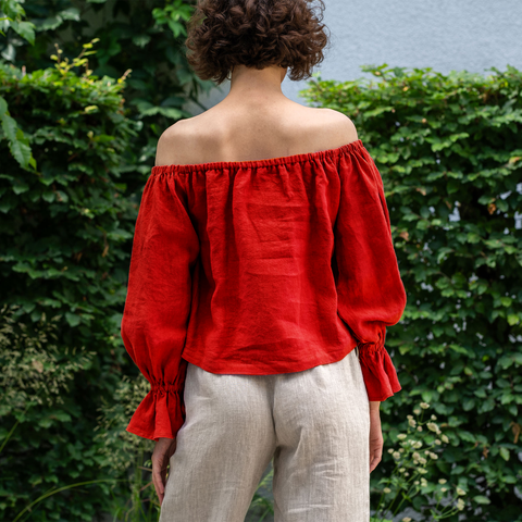 Linen Off Shoulder Top with Ruffles: Womens