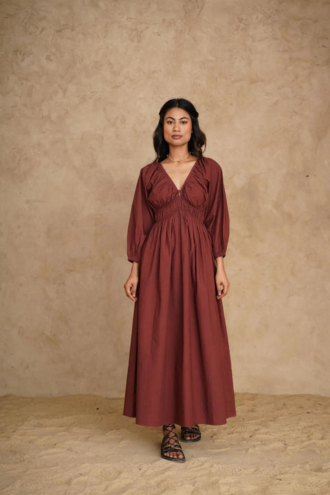 Organic Deep V-Neck Midi Dress with Pockets, Long Sleeve