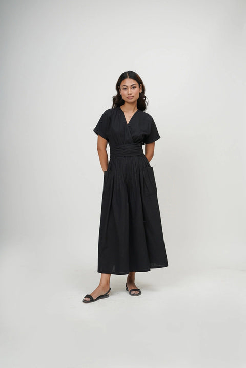 Organic Cotton V-Neck Kimono Wrap Dress with Tie-Up Belt