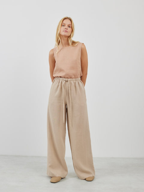 Linen Wide Leg Drawstring Trousers