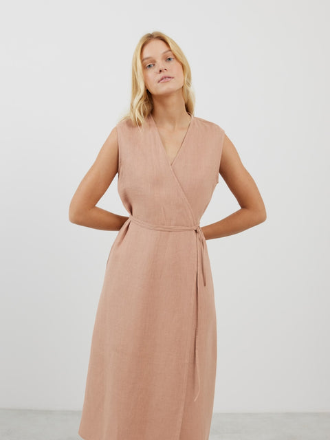 Linen Sleeveless Wrap Midi Dress