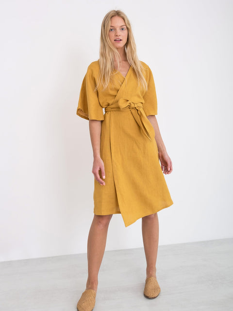 Linen Short Sleeve Wrap Midi Dress