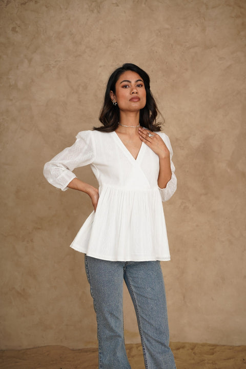 Organic Cotton Textured V-neck Long Sleeve Top: Womens