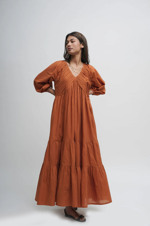 Organic Cotton Pleated Maxi Dress with Pockets