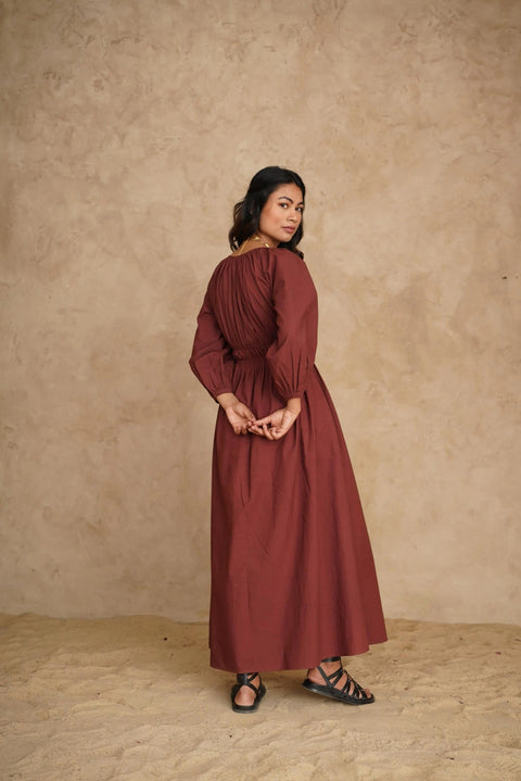 Organic Deep V-Neck Midi Dress with Pockets, Long Sleeve