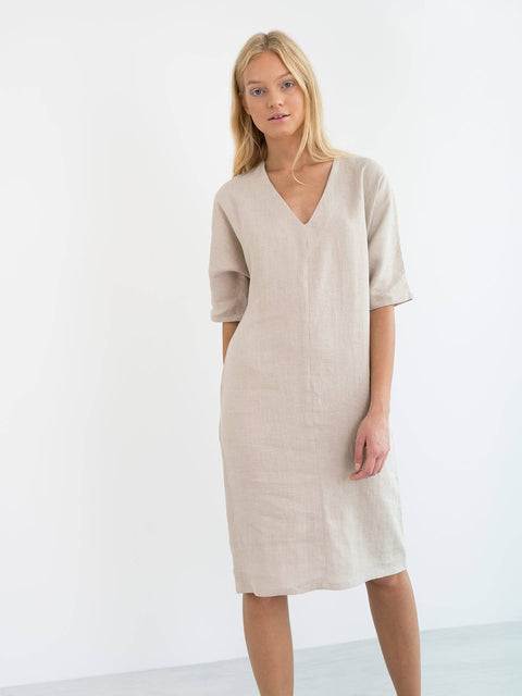 Linen Short Sleeve V-neck Dress