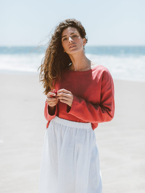 Linen Long Sleeve Loose Cropped Top