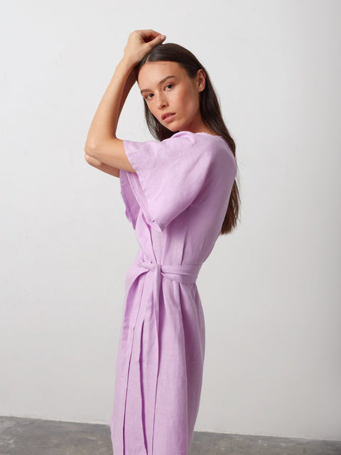 Linen Short Sleeve Wrap Midi Dress