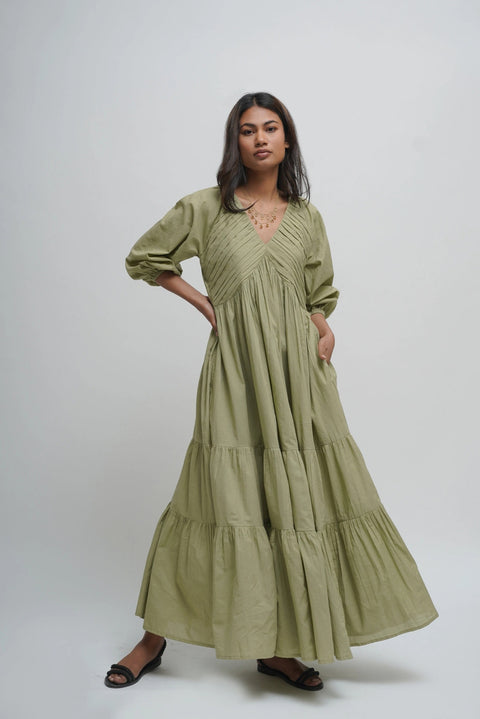Organic Cotton Pleated Maxi Dress with Pockets