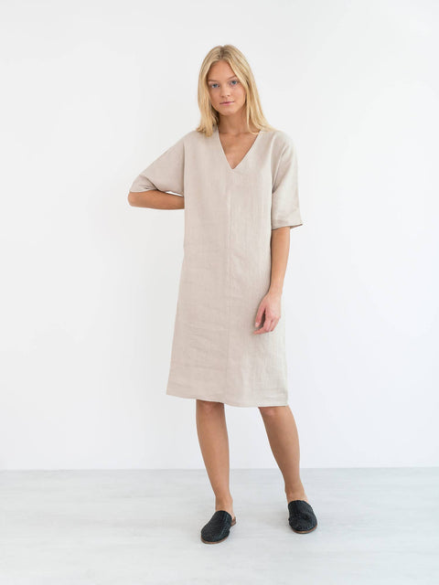 Linen Short Sleeve V-neck Dress