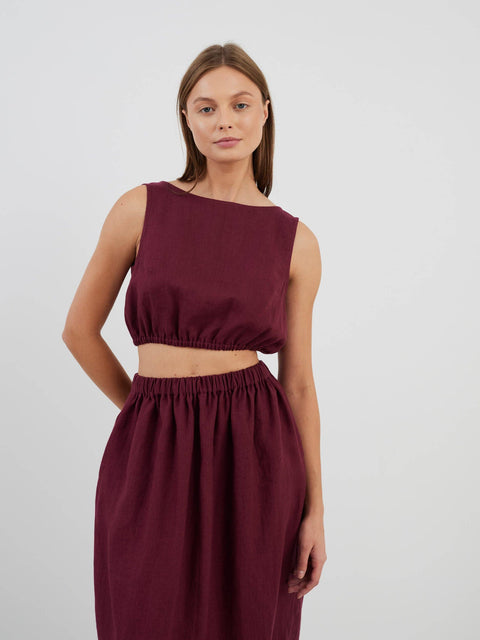 Linen High Waisted A-Line Midi Skirt
