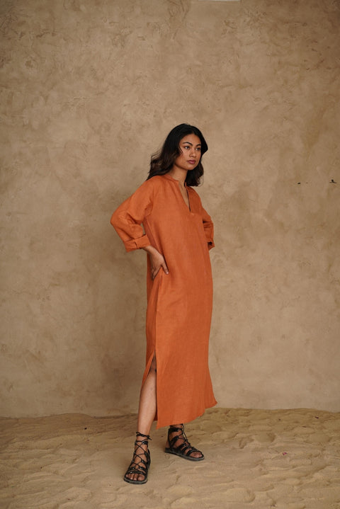 Linen Midi V-neck Dress, Long Sleeve with Side Slit