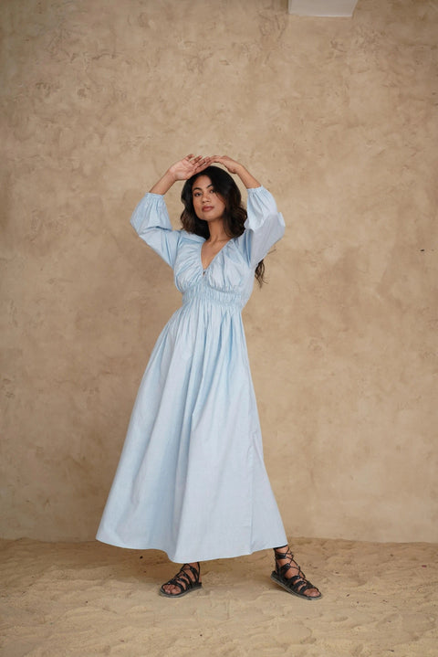 Organic Deep V-Neck Midi Dress with Pockets, Long Sleeve