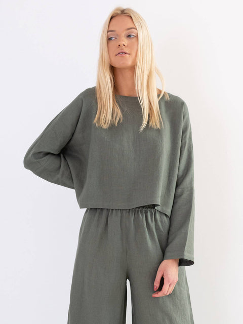 Linen Long Sleeve Loose Cropped Top