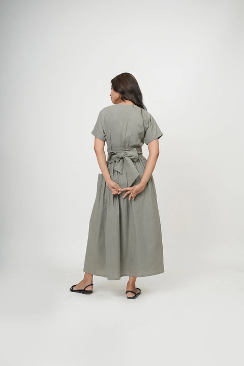 Organic Cotton V-Neck Kimono Wrap Dress with Tie-Up Belt