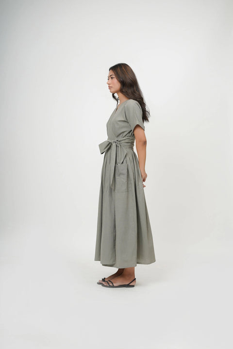Organic Cotton V-Neck Kimono Wrap Dress with Tie-Up Belt