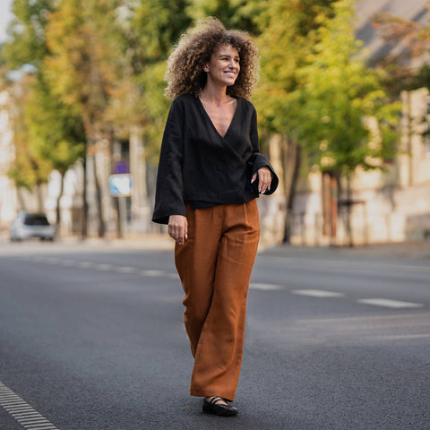 Linen Long Sleeve Wrap Top: Womens