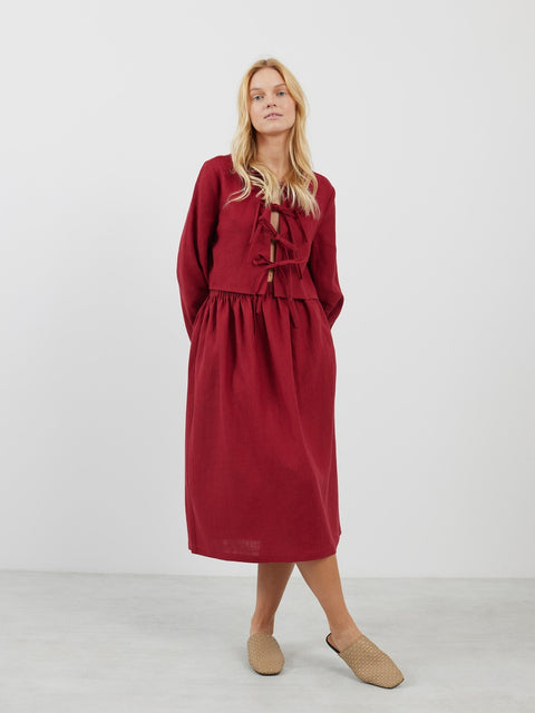 Linen High Waisted A-Line Midi Skirt