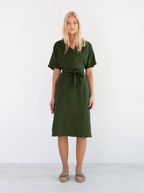 Linen Short Sleeve Wrap Dress
