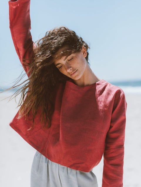 Linen Long Sleeve Loose Cropped Top