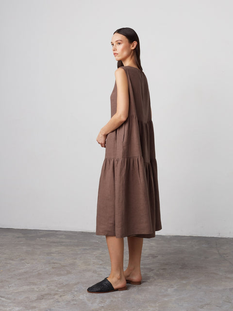 Linen Sleeveless Tiered Midi Dress