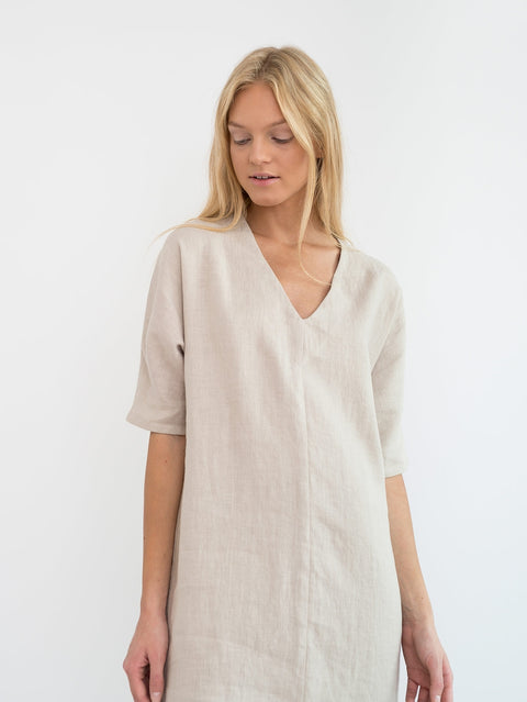 Linen Short Sleeve V-neck Dress