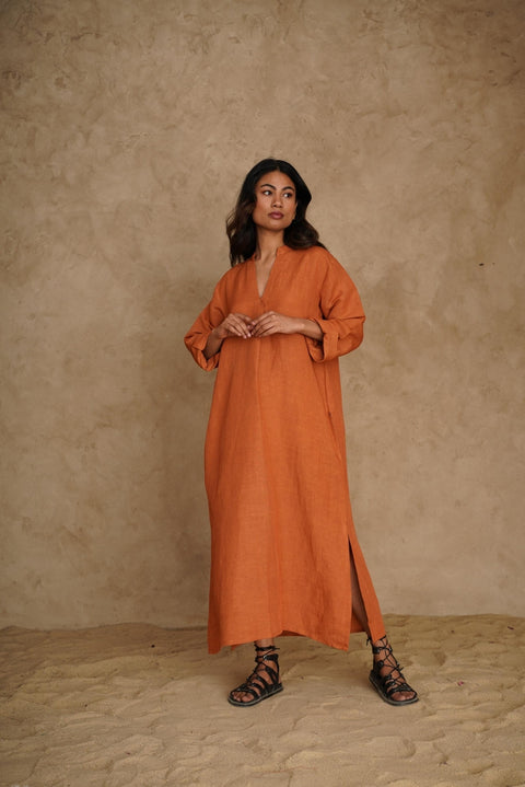 Linen Midi V-neck Dress, Long Sleeve with Side Slit