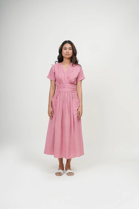 Organic Cotton V-Neck Kimono Wrap Dress with Tie-Up Belt