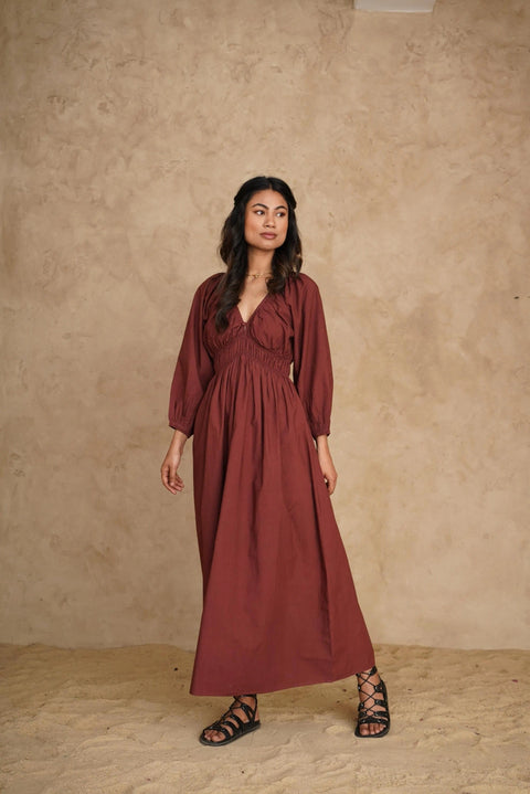 Organic Deep V-Neck Midi Dress with Pockets, Long Sleeve