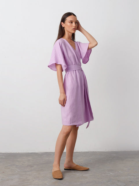 Linen Short Sleeve Wrap Midi Dress