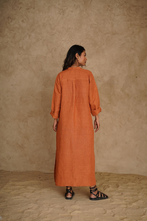 Linen Midi V-neck Dress, Long Sleeve with Side Slit