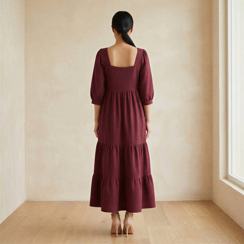 Cotton Waffle Square Neck Tiered Midi Dress