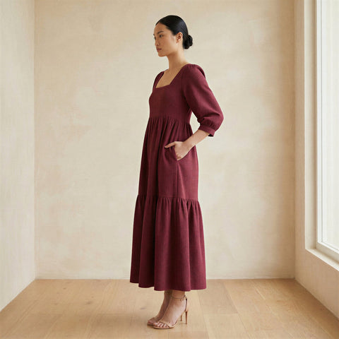 Cotton Waffle Square Neck Tiered Midi Dress
