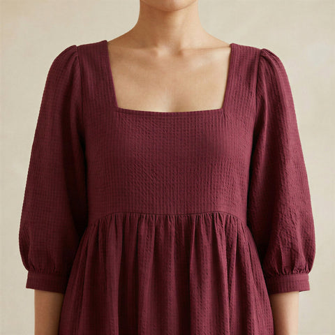 Cotton Waffle Square Neck Tiered Midi Dress