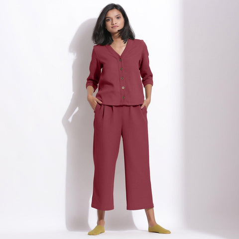 Cotton Waffle V-Neck Button-Down Top