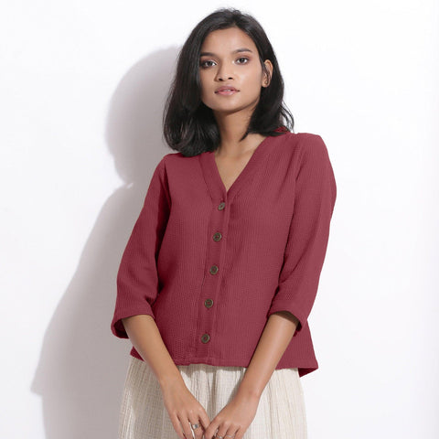 Cotton Waffle V-Neck Button-Down Top