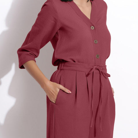 Cotton Waffle V-Neck Button-Down Top