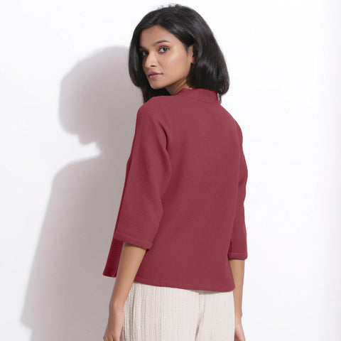 Cotton Waffle V-Neck Button-Down Top