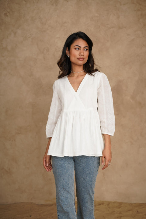 Organic Cotton Textured V-neck Long Sleeve Top: Womens