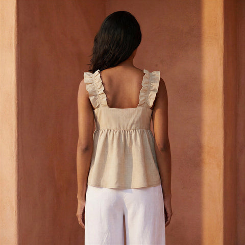 Cotton Flax Square Neck Peplum Top